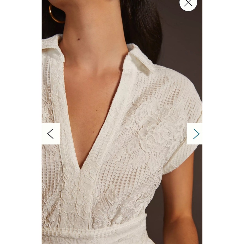 Maeve by Anthropologie Ivory Lace V-Neck Mini Dress Floral Cap Sleeve Size 10 - Picture 3 of 7